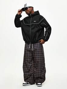 ROMWE MEN Prep Sudadera con capucha casual con cremallera y rayas de contraste para hombres - Negro - Ver 7