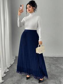 Modelyn 大码女式褶皱蕾丝拼接优雅百搭通勤裙 - 藍色 - 查看 4