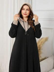 Al Najma 大码女式连帽长袖撞色二合一拉链装饰抓绒面料休闲百搭连衣裙，秋冬款