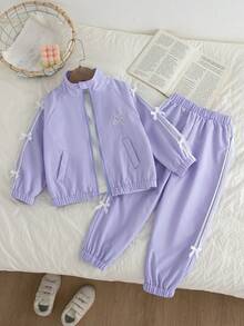 Genkimix Kids 2件套女童春秋新款风衣套装，面料蝴蝶刺绣，休闲时尚蝴蝶结领拉链外套和裤子，可爱甜美装扮 - 紫色 - 查看 1