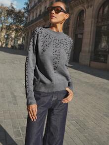 Maija Women's Dark Gray Mock Neck Studded Design Sweater, Versatile, Casual, Comfortable, Loose Fit, Raglan Sleeve, Long Sleeve Top, Sparkling Studded Accent, Business Casual, Office Wear Street-Cool, Holiday Vacation Summer Going Out Graduation - Grey - View 7