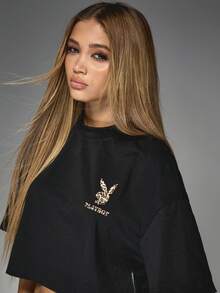Missguided x Playboy Oversized Cropped Tshirt With Animal Print Logo Casual Short Sleeve Cotton Blend Crewneck Summer Urban Streetwear Graphic Design Statement Top - Black - View 3