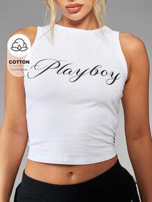 Missguided x Playboy 无袖运动背心短款上衣弹力棉质健身房夏季瑜伽运动服运动衫训练舞蹈工字背心表演服 - 白色 - 查看 1