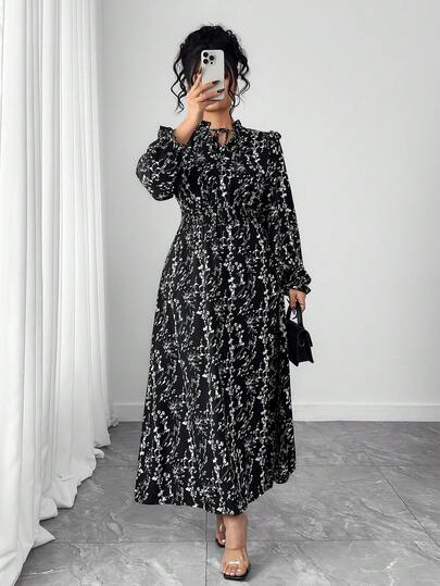 Regalyn Plus Size Women Floral Print Drawstring Neck Long Sleeve Casual Dress