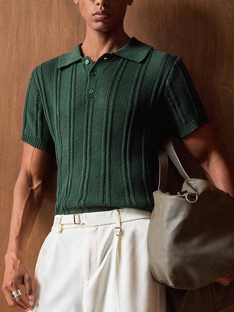 Men's Solid Color Polo Collar Short Sleeve Casual Knit Top Green Polo Shirt Bruno Mars Green Tops For Men Men Buttoned Knitted Polo Polo Shirt Men Knitted Shirt For Men