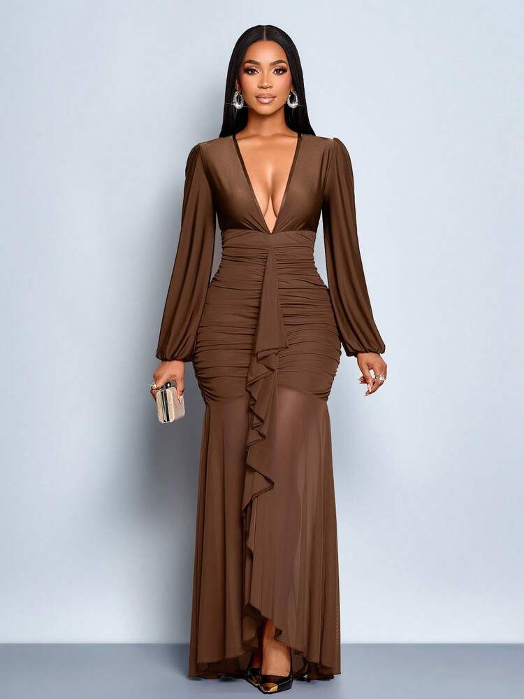 SOLERSUN Vestido Longo Elegante Feminino com Babados, Decote V Profundo, Manga Longa, Cor Sólida, Recortes em Tule Plissado, Bainha Sereia, Sexy e Simples, Adequado para Coquetel, Encontro, Vestido de Outono/Inverno, Vestido de Festa/Casamento, Dama de Honra, Halloween, Encontro de Natal, Ação de Graças - Café - Visão 4