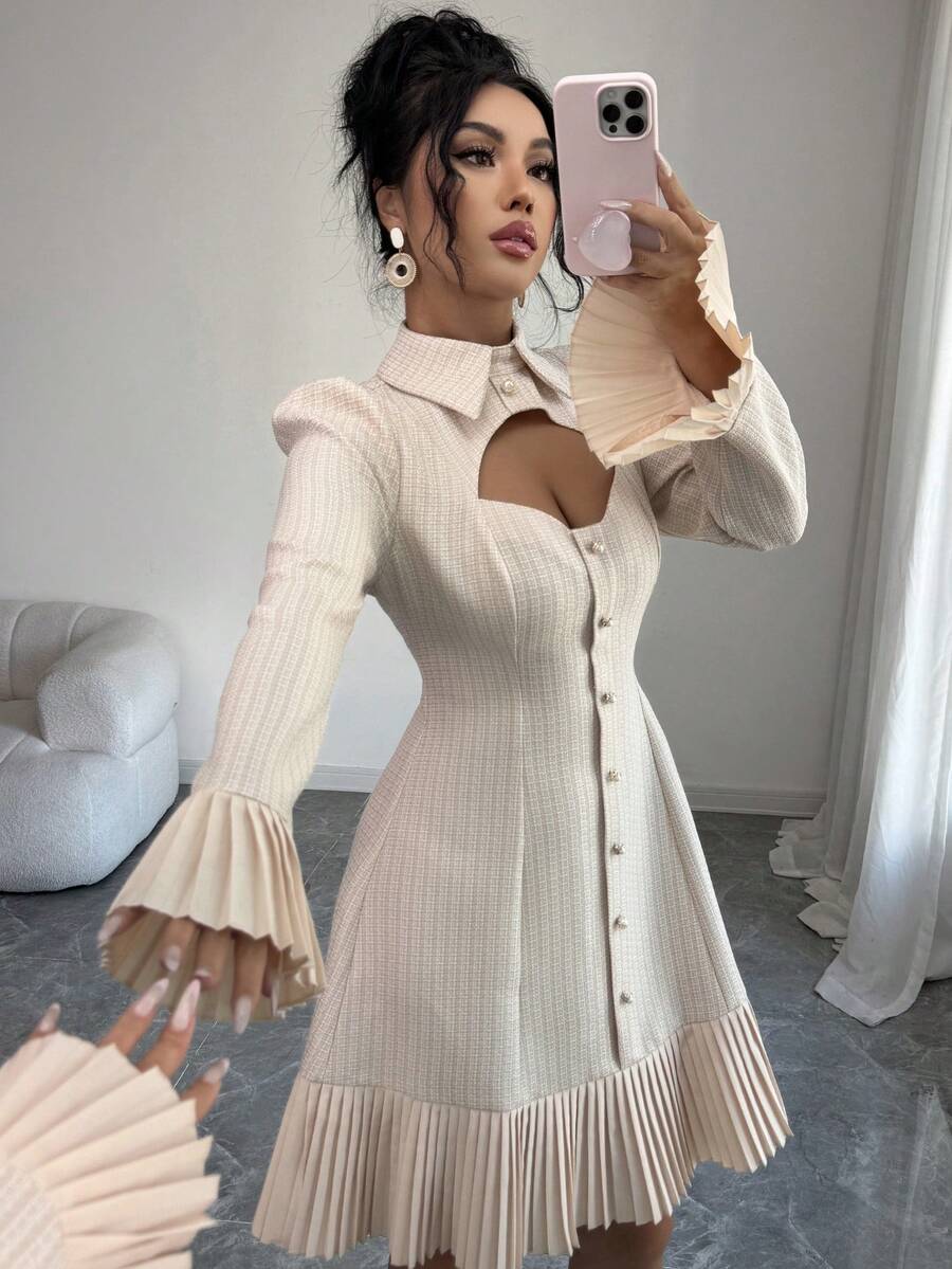 Elenzga Váy xếp ly hở vai, tay chuông, cài nút đơn thời trang dành cho nữ - Màu be - Xem 1