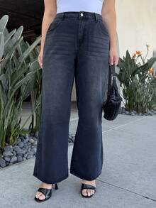 Nezia Cruz Plus Size Women Loose Casual Retro Denim Wide Leg Pants With Pockets - Black - View 5