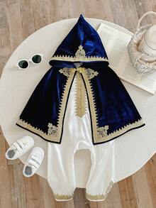 SHEIN 2pcs/Set Newborn Baby Boy/Girl Elegant Luxury White Satin Long Sleeve Romper & Navy Velvet Hooded Cape Outfit, Gold Trim Vintage Traditional Style Suitable For Indoor, Outdoor, Daily,  Party, Photo Shoot, Ceremony, Baby Shower, All Seasons,رمضان,الملابس التقليدية العربية Blue Vintage Baby Boy Outfit Baby New Year Clothes Baby Boy Vintage Outfit - Blue - View 5