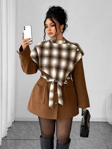 Elenzga Women's Pink And Grey Autumn Elegant Plaid Pattern Long Sleeve Poncho-Style Jacket,Waist Cinched Minimalist Coat With Pockets For Office Work Commute - Coffee Brown - View 6