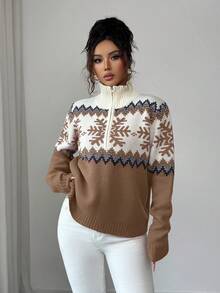 SHEIN Elenzya Sweater Wanita Elegan, Motif Fair Isle, Sweater Resleting Kombinasi Warna, Motif Natal, Sweater Musim Gugur/Musim Dingin - Khaki - View 4