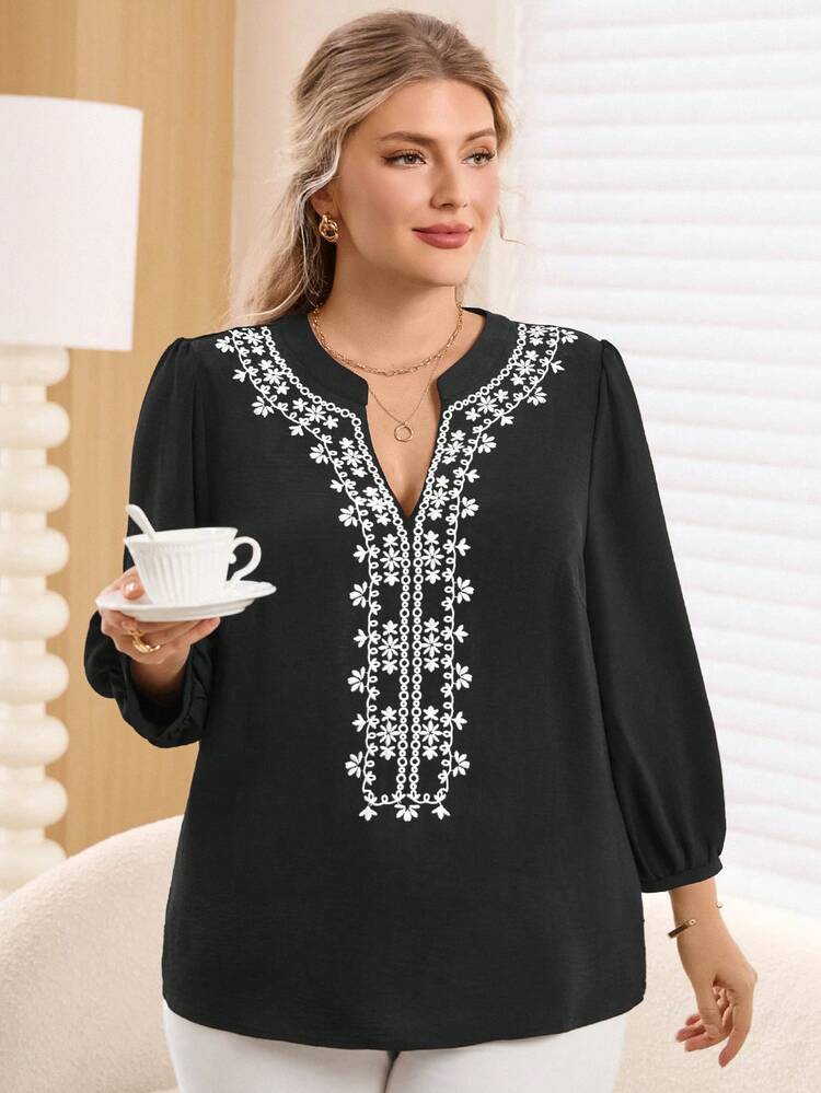 Plus Size V-Neck Raglan Sleeve Vintage Elegant Loose Blouse,Vacation/Summer/Spring  Elegant Dress Women