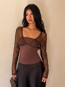 SHEIN Unity Áo thun cổ chữ V màu nâu họa tiết chắp vá ren dành cho nữ, eo thon gọn, phong cách tối giản, áo dài tay mỏng cho mùa thu - màu nâu - Xem 6