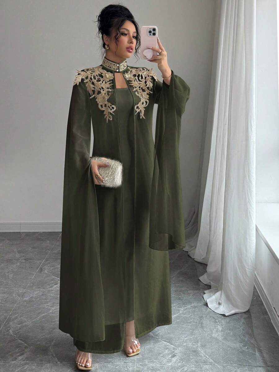 Rafferiza 女士贴花装饰开衩袖睡袍连衣裙套装,优雅高贵 - 綠色 - 查看 1