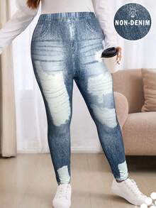 SHEIN PETITE CURVE Plus Size Casual Retro Loose Denim Print Pattern Leggings, Suitable For Autumn/Winter - Blue - View 4