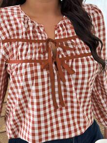 Weeklong 大码女式休闲系带黑白格子长袖衬衫 - 彩色 - 查看 4