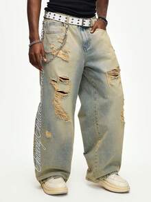 ROMWE MEN Street Life Men's Letter Embroidered Pocket Distressed Washed Slim Fit Jeans - Blue - View 4