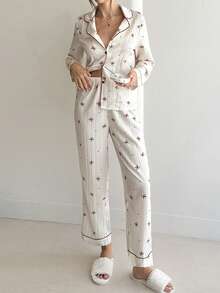 Aloruh Conjunto de pijama con top de manga larga con cuello de solapa y estampado de lazo, y pantalones, ropa de otoño e invierno - Burdeos - Ver 3