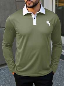 Manfinity Homme Plus Size Men's Contrast Color Block Half-Zip Collar Casual Long Sleeve Polo Shirt - Army Green - View 3