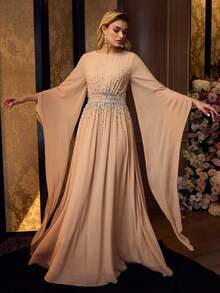 MOTF Soiréza WOMEN'S ELEGANT ROUND NECK ULTRA-LONG SLIT SLEEVE FLOOR-LENGTH PARTY GOWN – RHINESTONE FAUX PEARL BEADED CHIFFON DRESS, IDEAL FOR PARTIES, GALAS & NYE - Khaki - View 7