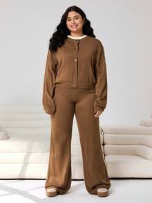 SHEIN EZwear Plus Size Brown Cardigan And Loose Pants 2 Pieces Set/Winter - Brown - View 4