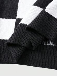 ROMWE MEN Prep Suéter holgado de punto con estampado de letras en cuadros blancos y negros de moda casual de calle para hombre, otoño/invierno - Blanco y Negro - Ver 6