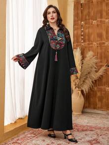 Al Najma Plus Size Women's Retro Jacquard Colorful Tassel Patchwork Loose Long Sleeve Elegant Arabic Dress - Black - View 4
