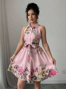 sin mangas con estampado floral y cinturón, adecuado para vacaciones de verano - Multicolor 6 - Ver 4