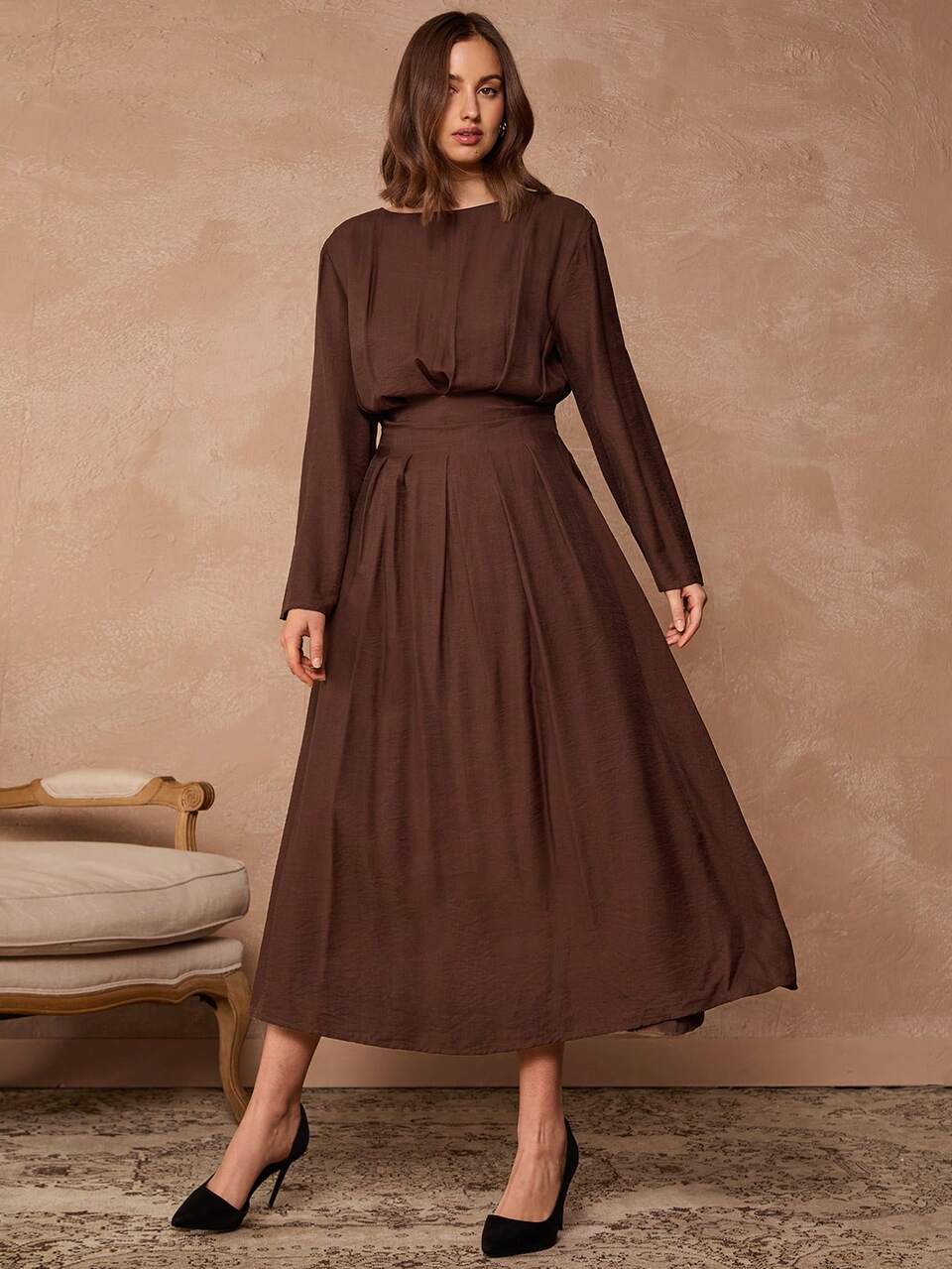 Enchnt Women's Dark Brown Autumn Elegant Dining Long Bell Sleeve Pleated Waist Long Dress,Chic&Elegant For Date&Daily Commute,Spring Fashion Dresses
