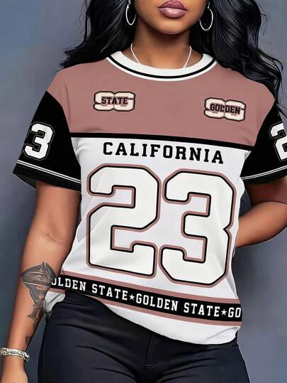 Rovax Women's Colorblock Letter & Number Print Round Neck Short Sleeve T-Shirt