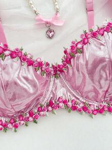 Water-Soluble Lace Trim Sweet Women's Bra, Ruffled Strap Sexy Lingerie Valentine's Day Bra With Ruffles Flower Bra Lingerie Set Pink Cute Bra Set Ruffle Lingerie Home - Pink - View 3