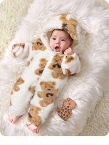 SHEIN Newborn Baby Girl Cute Cartoon Pattern Fluffy Hooded Romper, Autumn/Winter