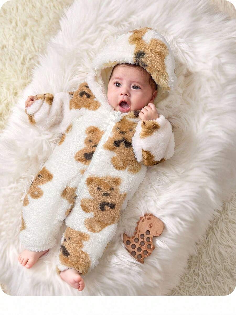 SHEIN Newborn Baby Girl Cute Cartoon Pattern Fluffy Hooded Romper, Autumn/Winter