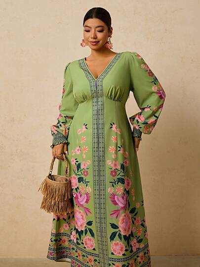 Travachic Plus Size Floral Print V-Neck Long Sleeve Belted Maxi Dress, Elegant Casual Resort Style, New Arrival Early Spring