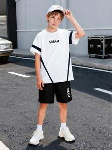 Mirajuku Set di maglietta a girocollo con stampa a lettera classica e pantaloni casual e comodi per ragazzi, colore nero e bianco, stile sportivo alla moda per l'esterno, primavera/estate - Bianco e nero - Visualizzare 4