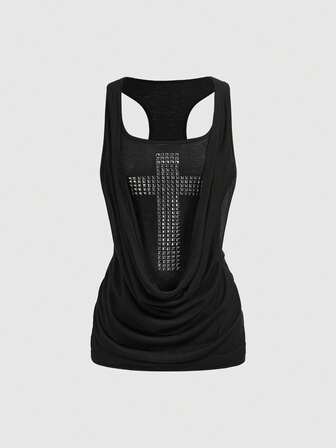 Grunge Punk Débardeur ajusté au style Y2K avec encolure croisée profonde et rivets métalliques