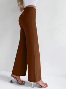 EURMUSE Solid High Waist Straight Leg Suit Pants - Brown - View 3