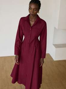 Aveloria Modichic Simple And Comfortable, A Solid Color Fitted And Fashionable Casual Dress That Is Versatile For All Occasions And Has Loose Long Sleeves With A Wide Hem And A Turned-Down Collar And Button Fastening. - Burgundy - View 5