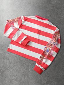 ROMWE MEN Street Life 印花条纹休闲宽松长袖套头卫衣（男士款） - 彩色 - 查看 3