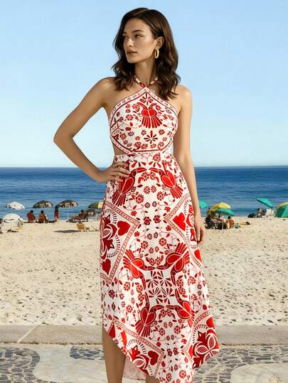 CAJUNI Vestido largo de verano estilo granja con estampado tropical sin espalda y cintura anudada, para vacaciones y playa, de largo maxi, midi, de verano, en color rojo.