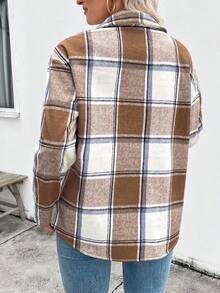 EMERY ROSE Plus Size Women's Plaid Thermal Lined Casual Commuter Fashion French Elegant Street Vintage Versatile Holiday Business Apricot Autumn/Winter Long Sleeve Jacket Regular Outerwear - Mocha Brown - View 2