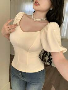 Feyla 女士时尚优雅纯色甜心领珍珠装饰衬衫 - 杏色 - 查看 5