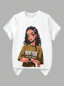 SHEIN ChillGRL 两件套少女休闲卡通印花圆领短袖T恤搭配宽松工装口袋裤套装，时尚百搭，适合日常和户外穿着，军绿色 - 芥末黃 - 查看 3