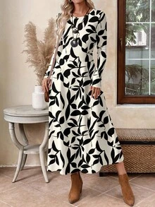 EMERY ROSE Vestido largo elegante de mujer con estampado de hojas en blanco y negro, adecuado para citas, salidas y viajes al trabajo - Multicolor - Ver 6