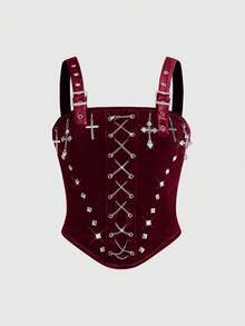 ROMWE Hardcore Gothic Style Cross Metal Frame Rivet Chain Women Velvet Camisole - Burgundy - View 1
