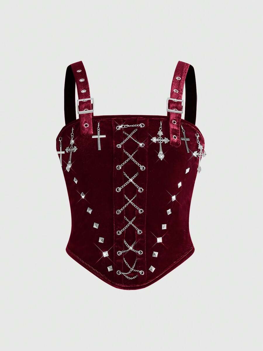 ROMWE Hardcore Gothic Style Cross Metal Frame Rivet Chain Women Velvet Camisole - Burgundy - View 1