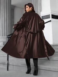 Gownix Plus Size Solid Color Lapel Double-Breasted Fashionable Versatile Warm Winter Jacket - Brown - View 2