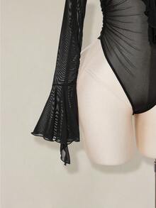 SHEIN ICON Bộ đồ liền thân lưới mỏng cổ chữ V sâu viền bèo nhún cho nữ - màu đen - Xem 8
