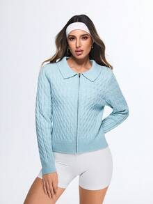 Eassivo Eassivo Áo len dệt kim tay dài dáng ôm vừa vặn có cổ - Màu xanh lam - Xem 3