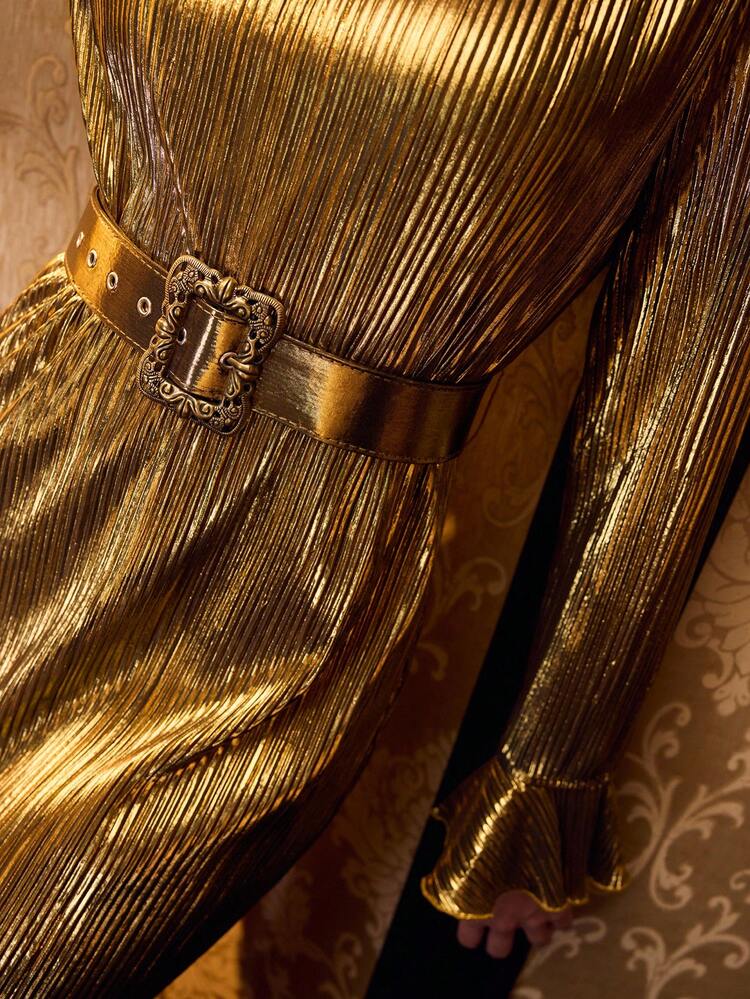 WOMEN'S PLEATED ROUND NECK LONG FLARED SLEEVE SHORT PARTY DRESS – DETACHABLE WAISTBAND, FORM-FITTING SILHOUETTE & SHIMMERING TEXTURE | IDEAL FOR BIRTHDAYS, NEW YEAR'S EVE & PARTY NIGHTS